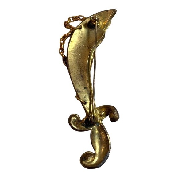 Vintage Gold-Tone Sword Brooch Tie Clip Emerald Green Gem Accents & Chain Detail - Picture 4 of 5